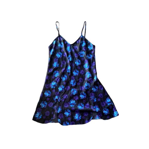 Bay6 Black Floral Slip Dress Purple Blue Satin Look Size M - Picture 2 of 5